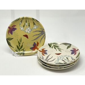 Nicobar Appetizer Tea Plates 5” Botanical Floral Yellow White Stoneware Set Of 4